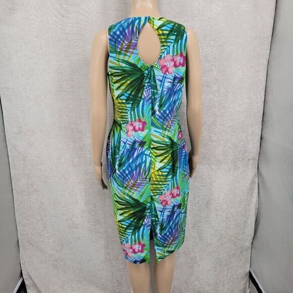 Maggy London Silk Blue Green Tropical Print Sleeveless Midi Sheath Dress Y2K - Picture 7 of 10